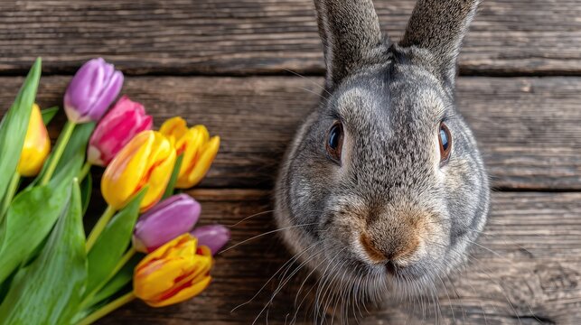Domestic rabbit faces camera next to vibrant bouquet of multicolored tulips on weathered wooden surface