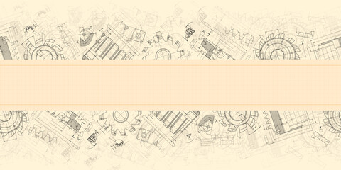Mechanical engineering drawings on sepia background. Cutting tools, milling cutter. Technical Design. Cover. Blueprint. Horizontal seamless pattern. Vector illustration.