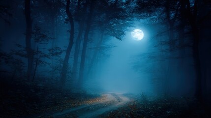 Obraz premium Eerie woodland path illuminated by a bright full moon through dense fog