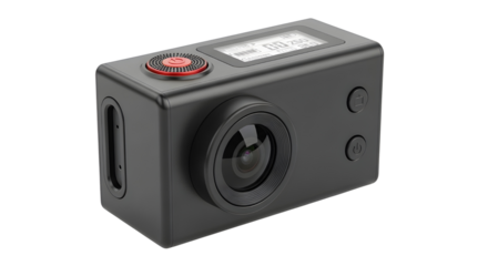 Black Action Camera Product Shot Isolated on White Background with Red Button