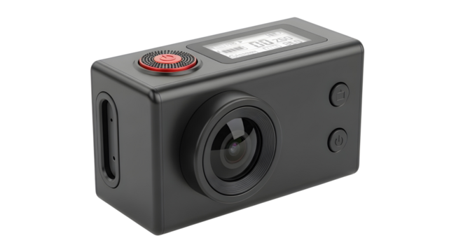 Black Action Camera Product Shot Isolated on White Background with Red Button