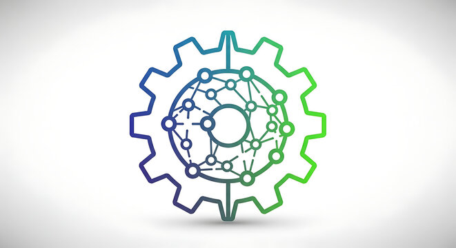 A gradient-colored gear icon with an intricate network of interconnected nodes and lines inside, symbolizing technology, systems, and data processing.