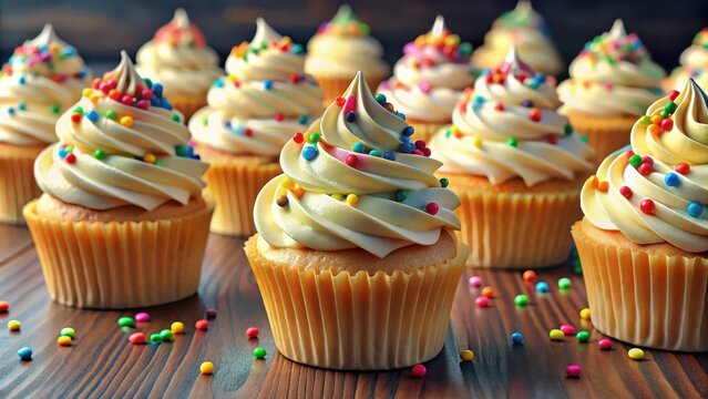 Decadent Vanilla Cupcakes with Swirled Cream Frosting and Colorful Sprinkles Beckon