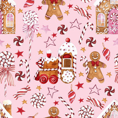 Seamless pattern with pink and red Christmas candy, carousel, gingerbread, bow and gift, isolated on colored background