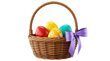Colorful easter egg basket with purple ribbon decoration isolated on transparent background, perfect for spring holiday celebration and festive design elements