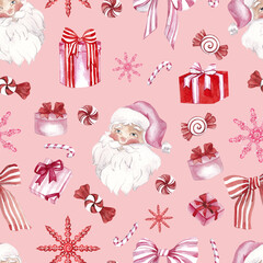 Seamless pattern with pink and red Christmas candy, carousel, gingerbread, bow and gift, isolated on colored background