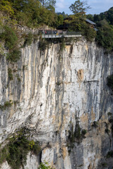 A glass platform at the top of a cliff in Wulong National Geological Park in Chongqing, China.