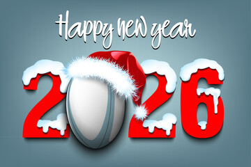 Happy new year. Snowy numbers 2026 with rugby ball in a Christmas hat. Original template design for greeting card, banner, poster. Vector illustration on isolated background