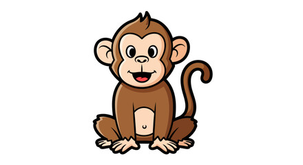 A cute cartoon brown monkey with a happy face sitting on a white background, looking forward with a cheerful expression.