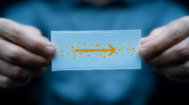 Hands holding paper arrow pointing forward with yellow confetti textured white paper, symbolizing direction and progress minimal style and scattered