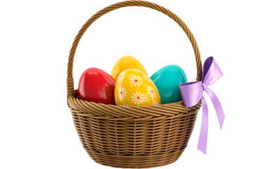 Wicker easter basket filled with four brightly colored, decorated egg for holiday celebration, isolated on transparent background