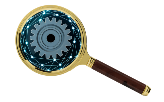 Magnifying glass focusing on a glowing digital gear mechanism, symbolizing technology search, engineering analysis, and innovation discovery isolated on transparent background