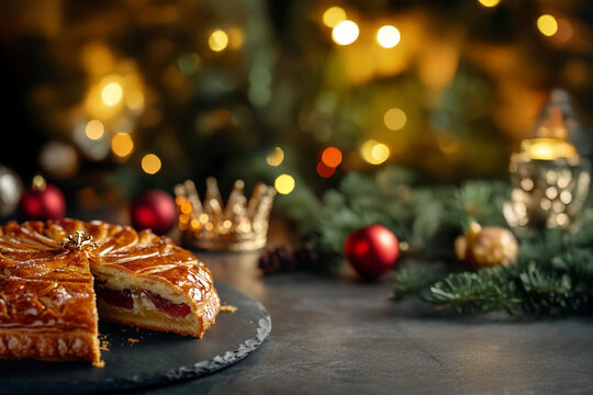 Galette des rois tranch&eacute;e avec couronne dor&eacute;e et d&eacute;corations de No&euml;l sur fond sombre lumineux avec espace n&eacute;gatif copyspace pour l&rsquo;&Eacute;piphanie d&eacute;but janvier