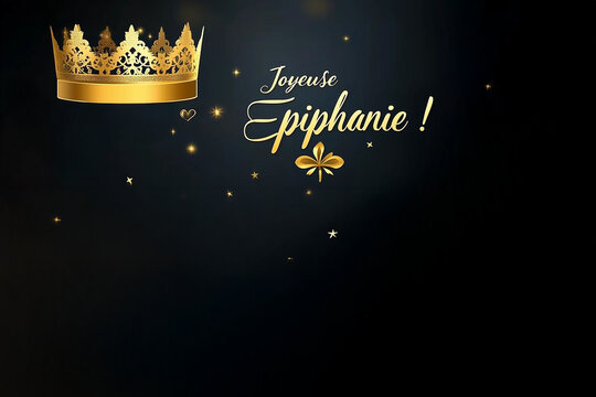 Couronne dorée avec texte en français « Joyeuse Épiphanie » sur fond bleu nuit scintillant avec espace négatif copyspace pour célébrer l’Épiphanie début janvier