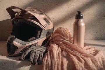 Motorcycle Helmet with Gloves and Water Bottle in Soft Warm Sunlight