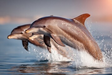Fototapeta premium two dolphins jumping out of the water, splashing bubbles