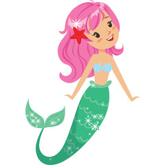 Smiling Cartoon Mermaid With Pink Hair And Green Tail On Transparent Background With Sparkles