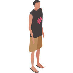 Isometric Illustration of a Man Wearing a Black Sleeveless Shirt and Tan Shorts Standing on a Transparent Background