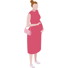 Isometric Pregnant Woman In A Pink Dress Holding A Pink Purse And Touching Her Belly In A Stylized Minimalist Flat Design With A Transparent Background