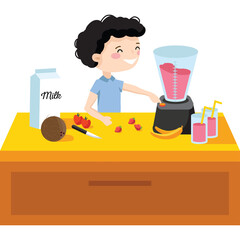 Smiling Child Blends Strawberry Smoothie Ingredients On A Kitchen Counter With A Carton Of Milk A Knife Strawberries A Banana And A Kiwi Fruit Art 12-272