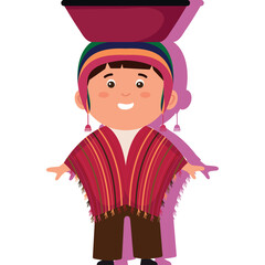 Smiling Child Wearing Traditional Andean Poncho Hat and Bowl on Head with Shadow in Flat Design Style