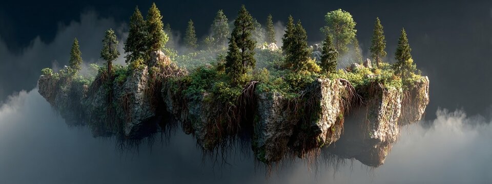 a beautiful island surrounded by dense foliage and mist, reflecting a serene lake