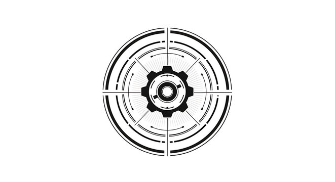 A black and white technical target graphic with a central gear icon and concentric circles. - Powered by Adobe