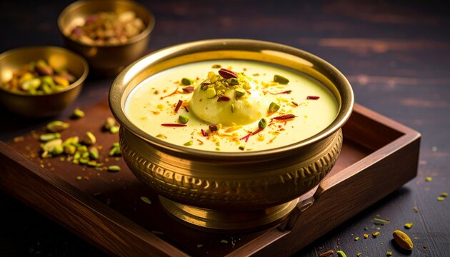 Rasmalai in Saffron Milk. Traditional Indian Dessert