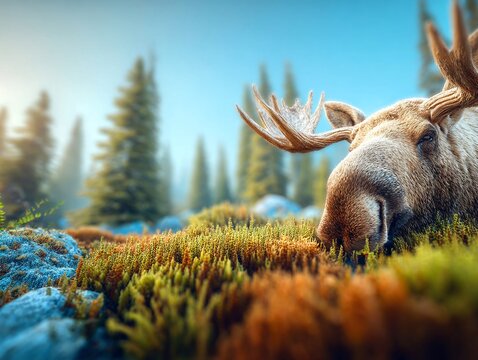 a close-up of a moose with antlers grazing in a field of grass with a blurred background of trees