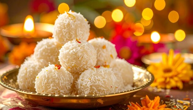 Coconut Ladoo Festive Plate. Traditional Indian Dessert