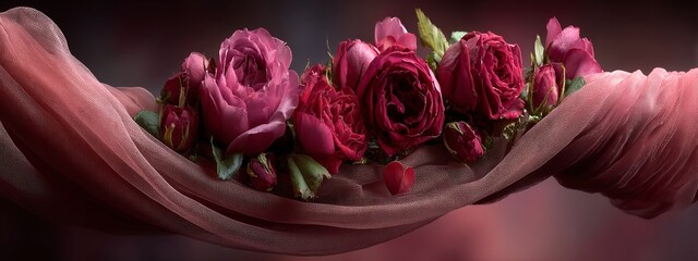 a close-up view of a hand holding a bouquet of pink roses