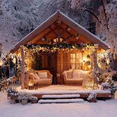 A small cabin with a porch and a fireplace