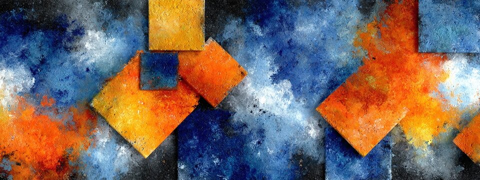 a colorful abstract painting featuring geometric shapes in vibrant colors