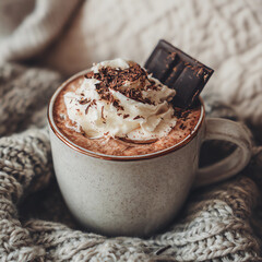 A white mug with whipped cream and chocolate on top