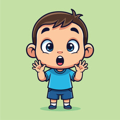 Cute little boy with an amazed expression and open mouth hands raised in surprise.