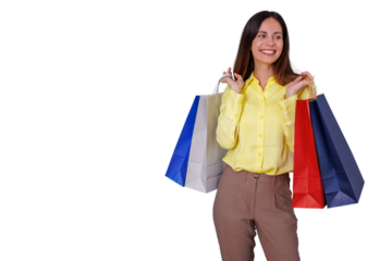 Woman holding shopping bags, smiling happily, enjoying retail therapy and consumer lifestyle, transparent background