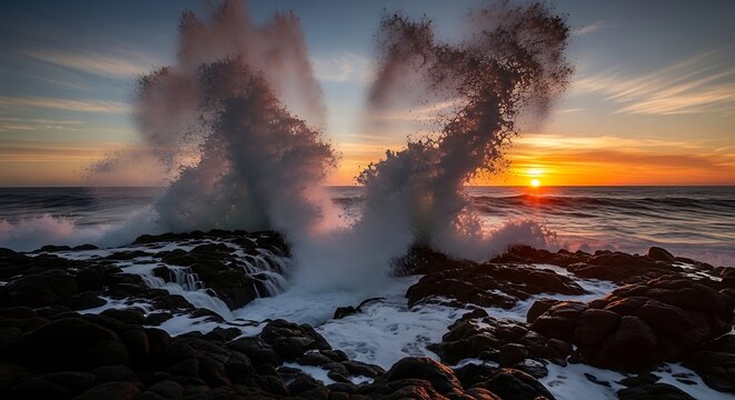 Ocean waves crashing on rocks at sunset seascape photography scenic nature landscape travel destination coast - Powered by Adobe
