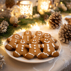 A plate of gingerbread men with white icing