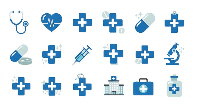 A comprehensive collection of blue and white medical and healthcare icons, featuring essential symbols like stethoscope, heart, crosses, pills, syringe, and hospital. - Powered by Adobe