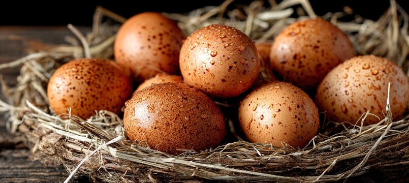 a nest filled with seven brown eggs with speckles - Powered by Adobe