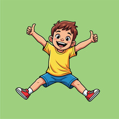 Happy young boy jumping with thumbs up expressing joy and excitement.