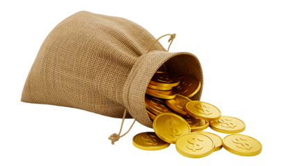 A small burlap sack tipped over with shiny gold coins spilling out onto a white surface, isolated on transparent background