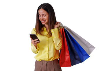 Woman smiling, holding shopping bags and smartphone, happy consumerism for online retail therapy on transparent background