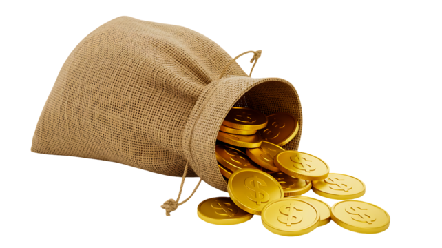 A small burlap sack tipped over with shiny gold coins spilling out onto a white surface, isolated on transparent background