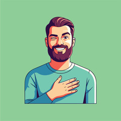 Smiling man with beard winking and hand on chest showing gratitude.