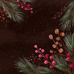 A painting of a Christmas tree with red berries