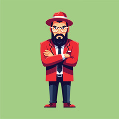 Stylish bearded man in red suit and hat arms crossed exuding confidence and a unique personality.