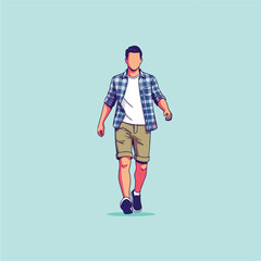 Stylish Man Walking in Plaid Shirt and Shorts.