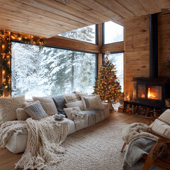 A cozy living room with a fireplace and a Christmas tree