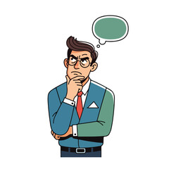 Thoughtful businessman pondering a complex problem with a speech bubble.